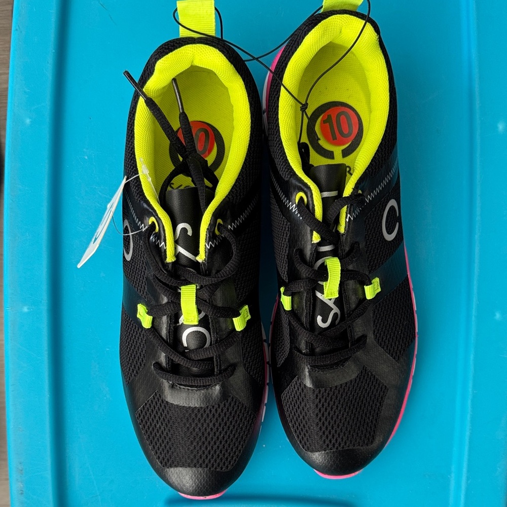 Women’s Black Athletic Sneakers with Neon Yellow and Pink Trim